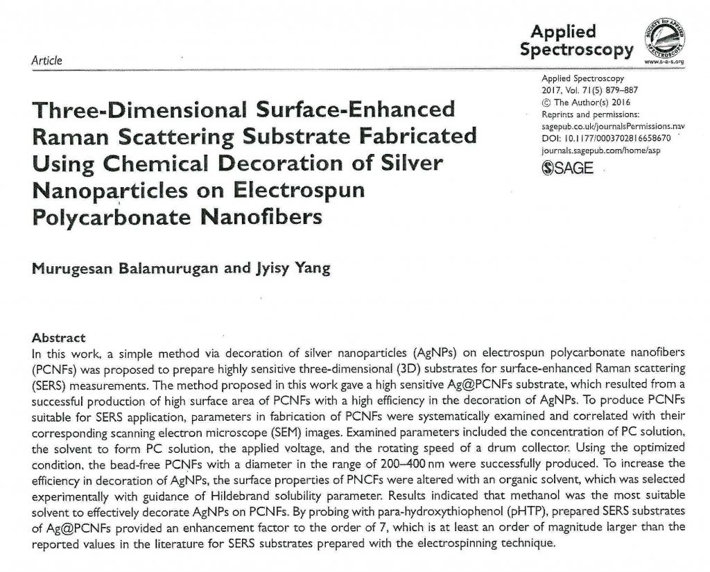 Spectroscopy Paper NANON-01A on the paper for Applied Spectroscopy | MECC Nanofiber